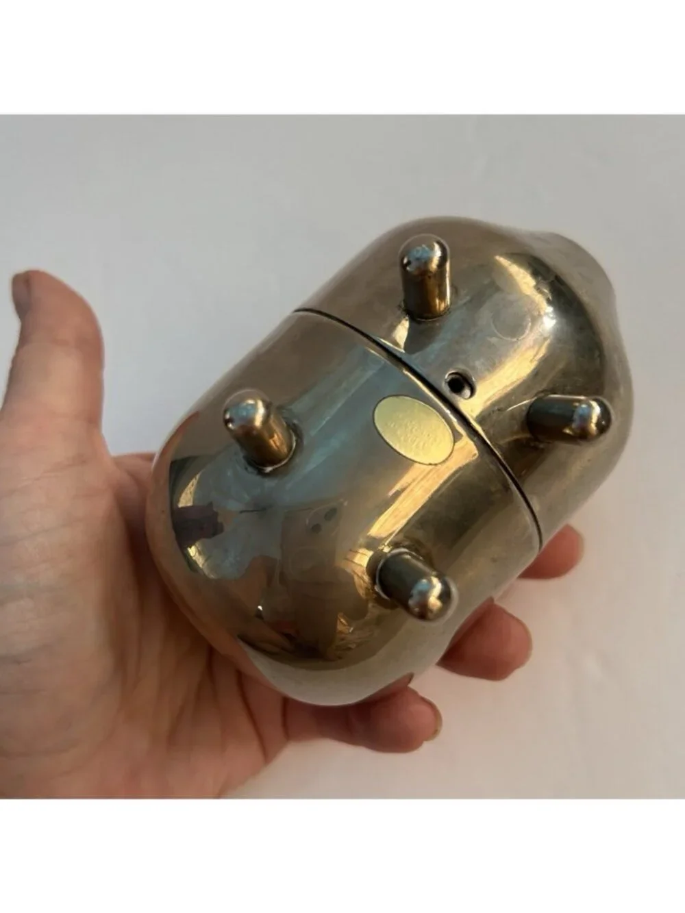 Vintage Silverplated Metal Piggy Bank w/ Blue Rhinestone Crystal Eyes Hong Kong